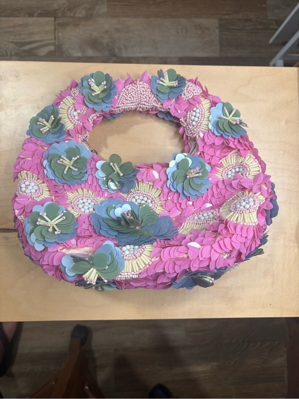 Pink Floral Sequin & Bead Women's Key/Card Holder